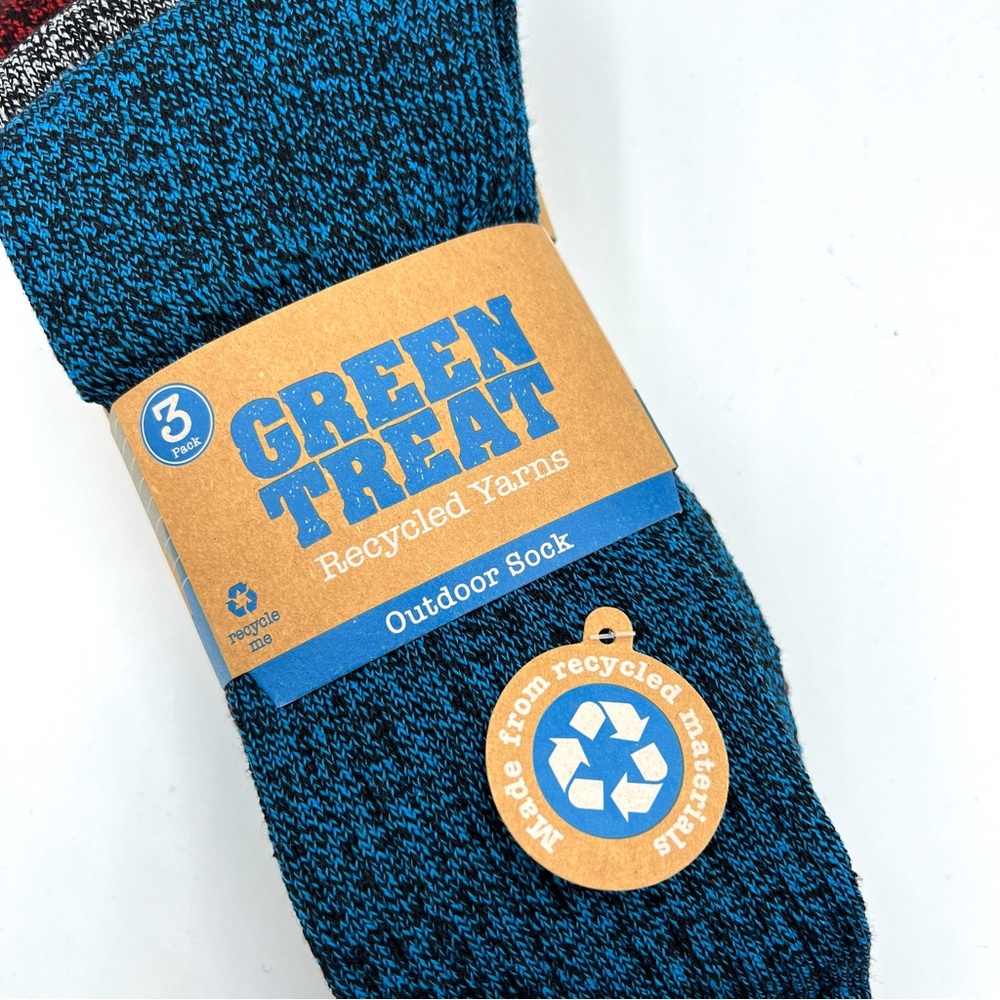 Green Treat Recycled Yarns Blue Grey Red 3 Pairs Outdoor Socks Men’s 8-12 - Picture 2 of 6